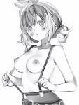  1girl animare blush closed_mouth greyscale hair_ornament head_tilt highres hira_hikari looking_at_viewer monochrome naked_suspenders nanashi_(nlo) navel simple_background solo star_(symbol) star_hair_ornament suspenders topknot topless upper_body white_background 