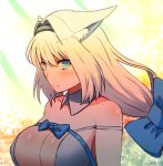  1girl animal_ear_fluff animal_ears argyle argyle_cutout blue_bow blue_eyes blue_ribbon blush bow breasts cat_ears cat_girl cleavage clothing_cutout collarbone detached_collar dobrynya_nikitich_(fate) dress fate/grand_order fate_(series) hairband kuzaki_kaede large_breasts looking_at_viewer looking_to_the_side low_ponytail ribbon short_dress smile solo upper_body white_hair 