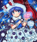  1girl apron back_bow blue_background blue_eyes blue_hair blush book bow closed_mouth cowboy_shot doremy_sweet eyebrows_visible_through_hair frilled_sleeves frills fur-trimmed_headwear hat head_tilt holding holding_book looking_at_viewer marker_(medium) nightcap pom_pom_(clothes) red_headwear rui_(sugar3) sample short_hair short_sleeves smile solo star_(symbol) tail tapir_tail touhou traditional_media white_apron white_wrist_cuffs wrist_cuffs 
