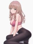  1girl bare_arms bare_shoulders between_legs black_legwear bra breasts brown_hair cleavage expressionless green_eyes gridman_universe highres lace-trimmed_bra lace_trim long_hair looking_at_viewer medium_breasts mikazuchi_zeus minami_yume no_shoes pantyhose pink_bra simple_background sitting solo ssss.dynazenon underwear wavy_hair white_background 