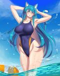  1girl absurdres animal_ears aqua_eyes black_swimsuit blue_hair blue_sky breasts cat_ears cat_tail cloud competition_swimsuit cowboy_shot danfer3 day english_commentary gradient_hair highres innertube large_breasts mixed-language_commentary multicolored_hair one-piece_swimsuit original outdoors sky soaking_feet solo spanish_commentary standing swimsuit tail 