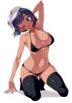  1girl aether_foundation_employee blue_hair breasts brown_eyes cabbie_hat dark-skinned_female dark_skin hat large_breasts lingerie navel open_mouth pantyhose pokemon pokemon_(game) pokemon_sm short_hair simple_background tottotonero underwear white_background white_headwear 