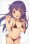  1girl akatsuki_(kancolle) bare_arms bare_legs bare_shoulders bikini black_bikini blush breasts collarbone cowboy_shot fang hair_between_eyes highres jabittoson kantai_collection long_hair navel open_mouth purple_eyes purple_hair revision reward_available simple_background skin_fang small_breasts solo swimsuit 