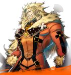  1boy bara beard blonde_hair blue_eyes coat commentary_request cross facial_hair fur-trimmed_jacket fur_trim guilty_gear highres jacket large_pectorals leo_whitefang long_hair looking_at_viewer m0m030m male_focus mature_male muscular muscular_male open_clothes open_coat orange_coat pectorals smile solo white_background 