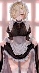  1girl apron azur_lane black_dress blonde_hair blurry blurry_background blush braid breasts buttons closed_mouth clothes_lift collar cropped_legs dress dress_lift french_braid frilled_apron frills garter_straps hair_over_one_eye indoors juliet_sleeves lifted_by_self long_sleeves looking_at_viewer maid maid_apron maid_headdress medium_breasts puffy_sleeves raru_(nanaharararu) sheffield_(azur_lane) solo thighhighs white_apron white_legwear yellow_eyes 