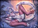  2021 anthro anus blue_eyes blue_hair breasts clothing detailed detailed_background digital_media_(artwork) f-r95 felid female fur genitals hair hi_res legwear legwear_only looking_at_viewer mammal mostly_nude nipples nude outside pantherine pink_clothing pink_legwear pink_stockings presenting presenting_anus presenting_breasts presenting_pussy pussy smile snow solo stockings stockings_only tiger 