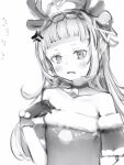  1girl anger_vein bangs bell blunt_bangs blush breast_conscious choker flat_chest gloves greyscale hairband highres hololive long_hair looking_down monochrome murasaki_shion nanashi_(nlo) neck_bell parted_lips santa_dress simple_background solo white_background 