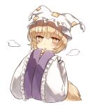  1girl artist_name bangs blonde_hair blush commentary_request fox_tail hair_between_eyes hat highres koto_(shiberia39) long_sleeves multiple_tails outline own_hands_together pillow_hat short_hair solo tabard tail touhou upper_body wide_sleeves worried yakumo_ran yellow_eyes yellow_pupils 