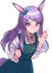  1girl animal_ears bangs blue_ribbon bright_pupils buttons clenched_hand closed_mouth commentary_request dress ear_ribbon green_dress highres horse_ears horse_girl horse_tail leaning_forward long_hair looking_at_viewer mejiro_mcqueen_(umamusume) necktie purple_eyes purple_hair red_neckwear ribbon school_uniform shirt simple_background smile solo swept_bangs tail umamusume upper_body waving white_background white_pupils white_shirt window1228 