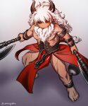  1boy asterios_(fate) axe beard black_sclera chibi colored_sclera cuffs demon_horns facial_hair fate/grand_order fate_(series) fighting_stance full_body handcuffs highres holding holding_axe horns long_beard long_hair looking_at_viewer m0m030m male_focus muscular muscular_male no_mouth pectorals pelvic_curtain red_eyes scar scar_on_leg solo thighs topless_male very_long_beard white_hair 
