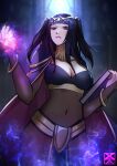  1girl absurdres aura black_hair blurry blurry_background bodystocking book bracelet breasts bridal_gauntlets cape cleavage covered_navel fire_emblem fire_emblem_awakening glowing glowing_hand highres jewelry looking_at_viewer pelvic_curtain solo standing tharja_(fire_emblem) tiara xuuikie_ashe 