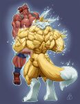  2021 anthro bandai_namco big_muscles bodily_fluids bottomwear breast_milking breasts canid canine carrying_partner clothing denim denim_clothing digimon digimon_(species) drinking_milk duo female female/female fox growth hi_res huge_muscles hyper hyper_muscles jeans lactating mammal mivadoman muscle_growth muscular muscular_female nude pants renamon rika_nonaka simple_background size_difference torn_clothing transformation xylem 