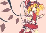  1girl ascot back_bow bangs bloomers bow brown_background crystal dise eyebrows_visible_through_hair fang flandre_scarlet frilled_shirt frilled_shirt_collar frilled_skirt frilled_sleeves frills hat hat_ribbon looking_at_viewer looking_back medium_hair mob_cap one_side_up open_mouth puffy_short_sleeves puffy_sleeves red_bow red_footwear red_ribbon red_skirt red_vest ribbon shirt shoes short_hair short_sleeves simple_background skirt smile solo touhou underwear vest white_bloomers white_bow white_shirt wings wrist_cuffs yellow_ascot yellow_eyes 