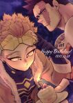 2boys beard blonde_hair blurry body_markings bodysuit bodysuit_under_clothes boku_no_hero_academia burn_scar cake candle costume dated depth_of_field earrings endeavor_(boku_no_hero_academia) eyewear_on_head facial_hair fire food fruit fur-trimmed_jacket fur_trim gloves goatee hand_on_eyewear happy_birthday hawks_(boku_no_hero_academia) jacket jewelry long_eyebrows looking_at_another looking_at_food male_focus mature_male multiple_boys muscular muscular_male mustache red_hair rimless_eyewear scar scar_across_eye scar_on_cheek scar_on_face scar_on_mouth short_hair simple_background skin_tight strawberry stud_earrings tinted_eyewear toned toned_male torio_(torrie_skm) very_short_hair yaoi yellow_eyes 