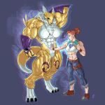  2021 anthro bandai_namco big_muscles bottomwear breasts clothing crop_top denim denim_clothing digimon digimon_(species) duo female growth hi_res huge_muscles human hyper hyper_muscles jeans mammal mivadoman muscle_growth muscular muscular_female pants renamon rika_nonaka shirt simple_background size_difference topwear transformation xylem 