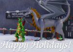  2021 3d_(artwork) bound christmas christmas_lights digital_media_(artwork) door dracorex dragon duo english_text fence feral green_body green_scales greldon grey_body grey_scales hi_res holidays horn male rangarig rangarig_rex red_eyes scales sign silver_body snow standing text wings 