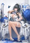  1girl absurdres anchor azur_lane bangs blue_butterfly blue_flower blue_rose bottle breasts bug butterfly character_name cleavage commentary_request congqian_you_ke_xing cosplay crossed_bangs cup dated dress drinking_glass eyebrows_visible_through_hair flower grey_hair hair_flower hair_ornament hand_on_own_cheek hand_on_own_face high_heels highres large_breasts long_hair official_alternate_costume red_eyes rose saint-louis_(azur_lane) saint-louis_(azur_lane)_(cosplay) saint-louis_(holy_knight&#039;s_resplendence)_(azur_lane) smile taihou_(azur_lane) thigh_strap white_dress wine_bottle wine_glass 