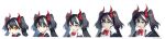  1girl :d :o absurdres artist_name black_hair bow bowtie buttons center_frills chibi closed_mouth commentary_request eyebrows_visible_through_hair frills hair_between_eyes highres horns korean_commentary long_hair looking_at_viewer multicolored_hair multiple_sources off_shoulder open_mouth original portrait progression red_bow red_bowtie red_horns shirt simple_background slit_pupils smile soyoong_jun streaked_hair twintails wavy_mouth white_background white_hair white_shirt wide_image yellow_eyes 