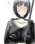  1girl ? aflo_aikawa black_hair breasts choker demon&#039;s_souls demon's_souls female from_software jewelry maiden_in_black necklace nipple_slip nipples short_hair solo souls_(from_software) staff white_background 