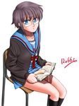  blue_eyes book chair cum cum_on_book futanari glasses no_panties purple_hair school_uniform skirt skirt_lift 