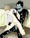  anal bed bottomless cum death_note earrings heart heart_earrings jewelry lowres male_focus multiple_boys open_clothes open_shirt penis ryuk shinigami shirt smile smirk sweatdrop yagami_light yaoi 