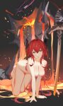  1girl all_fours arknights breasts censored cleavage collarbone completely_nude da_(datako) demon_horns english_commentary hair_intakes highres horns id_card large_breasts long_hair mosaic_censoring nipples nude popsicle_stick purple_eyes red_hair surtr_(arknights) thigh_strap very_long_hair 