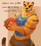  2021 animal_crossing anthro ball basketball_(ball) big_muscles bottomwear clothing dialogue english_text eyebrows felid fur hi_res holding_ball holding_object looking_at_viewer male mammal muscular muscular_anthro muscular_male nintendo one_eye_closed open_mouth open_smile pantherine shirt shorts simple_background smile solo standing talking_to_viewer tan_background tank_top teeth text tiger tongue topwear tuft tybalt_(animal_crossing) video_games wink wulfer-shepherd 