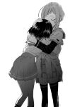  2girls closed_eyes clothes_around_waist greyscale highres hug jacket jacket_around_waist layered_sleeves long_sleeves magia_record:_mahou_shoujo_madoka_magica_gaiden mahou_shoujo_madoka_magica monochrome multiple_girls natsu_ryoko school_uniform short_hair short_over_long_sleeves short_sleeves standing suzuka_sakuya white_background yukishiro_(hitsuji) 