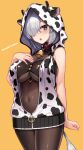  1girl :o animal_ears animal_print bell breasts brown_bodysuit brown_legwear collar covered_navel cow_ears cow_girl cow_print cow_tail green_eyes hair_over_eyes hood hoodie kouzuki_tsubasa_(musou_kaidou) large_breasts long_bangs looking_at_viewer neck_bell original print_hoodie red_collar shiny shiny_hair silver_hair simple_background tail twitter_username yellow_background zipper 