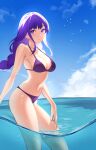  1girl absurdres bangs bikini blush braid breasts cleavage closed_mouth cloud cloudy_sky commentary day english_commentary eyebrows_visible_through_hair genshin_impact highres large_breasts long_hair looking_at_viewer mole mole_under_eye ocean outdoors partially_submerged pat_bharasarn purple_eyes purple_hair raiden_shogun sky smile solo standing swimsuit 