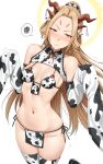  1girl absurdres animal_ears animal_print bell blonde_hair blush breasts brown_horns character_request closed_mouth copyright_request cow_ears cow_print detached_sleeves fake_animal_ears halo highres horns jingle_bell long_hair looking_at_viewer multiple_horns navel neck_bell ponytail simple_background sleeves_past_fingers sleeves_past_wrists small_breasts solo thighhighs thighs virtual_youtuber white_background white_legwear yakimi_27 yellow_eyes 