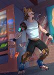  african_wild_dog anthro beverage bottomwear canid canine clothing digitigrade hi_res human male mammal mid_transformation scrappyvamp shirt shoe_burst shorts snout solo standing topwear transformation vending_machine were werecanid werecanine 
