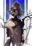  1girl arknights bahaochaojiqiu bare_arms bare_legs bare_shoulders bare_tree barefoot between_breasts black_dress black_necktie blush braid breasts cleavage dress earrings full_body gradient gradient_background hand_fan highres holding holding_fan horns jewelry large_breasts lava_(arknights) lava_the_purgatory_(arknights) lava_the_purgatory_(dusk_wisteria)_(arknights) looking_at_viewer multiple_braids nail_polish necktie necktie_between_breasts official_alternate_costume paper_fan pointy_ears purple_eyes purple_hair purple_nails shawl short_dress sitting sleeveless sleeveless_dress snow solo thigh_strap tree uchiwa weibo_username 