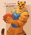  2021 animal_crossing anthro ball basketball_(ball) big_muscles blush bottomless clothed clothing dialogue english_text eyebrows felid flaccid fur genitals hi_res holding_ball holding_object looking_at_viewer male mammal muscular muscular_anthro muscular_male nintendo one_eye_closed open_mouth open_smile pantherine penis shirt simple_background smile solo standing talking_to_viewer tan_background tank_top teeth text tiger tongue topwear tuft tybalt_(animal_crossing) video_games wink wulfer-shepherd 