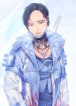  1boy apex_legends black_hair blood blood_on_clothes blue_jacket blue_shirt blue_vest collarbone crypto_(apex_legends) green_eyes head_tilt highres jacket jewelry looking_at_viewer momoirone necklace parted_hair shirt smile snowflakes undercut upper_body vest 