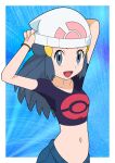  1girl :d alternate_costume arms_behind_head beanie blue_background border bracelet collarbone commentary_request cropped_shirt dawn_(pokemon) eyelashes grey_eyes hainchu hair_ornament hairclip hat highres jewelry long_hair navel open_mouth poke_ball_print pokemon pokemon_(anime) pokemon_swsh_(anime) purple_shirt shirt short_sleeves sidelocks smile solo tongue white_border white_headwear 