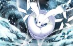  animal_focus blue_eyes bug commentary_request flying frosmoth hakuginnosora highres moth night no_humans outdoors pokemon pokemon_(creature) snow snowing solo 