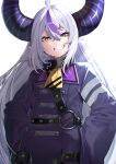  1girl absurdres ahoge ascot belt braid buttons coat collar double-breasted fang grey_hair grin highres hololive horns la+_darknesss long_hair long_sleeves looking_at_viewer metal_collar mikan_(chipstar182) o-ring pointy_ears purple_coat simple_background sleeves_past_fingers sleeves_past_wrists slit_pupils smile solo very_long_hair white_background yellow_ascot yellow_eyes 