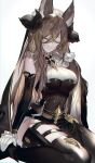  1girl animal_ears black_dress black_legwear blue_hair breasts brown_hair closed_eyes detached_sleeves dress extra_ears eyebrows_visible_through_hair frilled_sleeves frills galleon_(granblue_fantasy) gloves granblue_fantasy hair_between_eyes hand_on_own_cheek hand_on_own_face highres holster horns large_breasts light_smile multicolored_hair pointy_ears rilmok seiza sitting sleeveless sleeveless_dress streaked_hair thigh_holster thigh_strap thighhighs wariza white_background white_gloves 