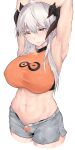  1girl abs absurdres arknights armpits arms_up breasts dragon_horns highres horns large_breasts long_hair looking_at_viewer midriff muscular muscular_female orange_eyes rhine_lab_logo rika_(akarika057) saria_(arknights) short_shorts shorts simple_background solo stomach white_background white_hair 