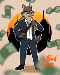  absurd_res anthro bottomwear canid canine canis clothed clothing digital_media_(artwork) dreamworks duffel_bag footwear fur hi_res male mammal money mr._wolf_(the_bad_guys) pants rac5700 sack shoes solo text the_bad_guys topwear wolf yellow_sclera 