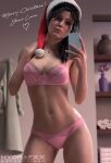  1girl 3d artist_name black_hair blurry blurry_background bra breasts cellphone closed_mouth cowboy_shot depth_of_field flower fur-trimmed_headwear hands_up hat heart holding holding_phone hydrafxx indoors jewelry lara_croft lips looking_at_phone medium_breasts merry_christmas navel_piercing necklace panties phone piercing pink_bra pink_panties red_headwear santa_hat smartphone solo standing tomb_raider underwear underwear_only vase web_address 