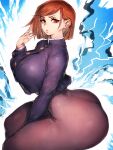  1girl adapted_costume ass black_bodysuit blue_background bodysuit breasts brown_eyes brown_hair closed_mouth covered_nipples cowboy_shot fumio_(rsqkr) highres huge_ass jacket jujutsu_kaisen kugisaki_nobara large_breasts long_sleeves looking_at_viewer short_hair sitting solo thick_thighs thighs 