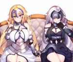  2girls armor armored_dress bangs bare_shoulders blonde_hair blue_eyes blush breasts chain clothing_cutout commentary_request cup drinking elbow_gloves eyebrows_visible_through_hair fate/apocrypha fate/grand_order fate_(series) fur_trim gauntlets gloves headpiece highres jeanne_d&#039;arc_(alter)_(fate) jeanne_d&#039;arc_(fate) jeanne_d&#039;arc_(fate/apocrypha) large_breasts long_hair looking_at_viewer multiple_girls navel ninoude_(ninoude44) silver_hair sitting smile thighs white_background yellow_eyes 