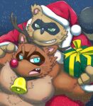  2021 anthro belly blue_eyes blush brown_body brown_fur canid canine christmas christmas_clothing christmas_headwear clothing duo fur green_eyes hat headgear headwear hi_res holidays humanoid_hands kemono male mammal moobs night nipples outside overweight overweight_male raccoon_dog reindeer_costume rockmai3 santa_claus santa_hat sengoku_puzzle shadow_ieyasu snow snowing tanuki tokugawa_ieyasu 