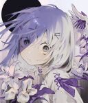  1girl black_background circlet closed_mouth commentary_request corset_piercing flower grey_eyes hair_ornament hairclip long_hair looking_at_viewer neck_piercing original purple_ribbon ribbon solo toasu upper_body white_background white_flower white_hair 