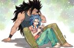  1boy 1girl bangs barefoot black_hair blue_hair blush brown_pants collarbone couple covered_abs ear_piercing fairy_tail gajeel_redfox gradient gradient_background green_pants grey_tank_top holding leaning_back levy_mcgarden long_hair medium_hair needle pants piercing pink_shirt revision rusky scar scar_on_arm sewing sewing_needle shirt sitting smile star_(symbol) tank_top teeth twitter_username 