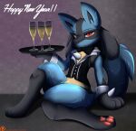  2021 2022 absurd_res alcohol beverage black_body black_fur blue_body blue_fur champagne clothing fur hi_res holidays looking_at_viewer lucario male new_year nintendo patreon patreon_logo pok&eacute;mon pok&eacute;mon_(species) pridark solo suit text tray underpaw url video_games 