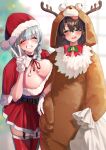  2girls absurdres animal_costume bell belt black_belt black_choker blurry blurry_background blush bow bowtie braid breast_press breasts brown_hair capelet choker cleavage cosplay depth_of_field dress fake_antlers garter_straps gloves green_eyes grey_hair grin hand_up hat highres holding holding_sack hololive kigurumi large_breasts mikan_(chipstar182) miniskirt multiple_girls neck_bell neck_ribbon oozora_subaru open_mouth red_bow red_bowtie red_capelet red_dress red_headwear red_ribbon red_skirt reindeer_costume ribbon sack santa_costume santa_dress santa_hat shirogane_noel short_dress skirt smile standing v white_gloves 