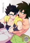  2boys abs arms_around_waist bara bare_pectorals black_eyes black_hair blush broly_(dragon_ball_super) cover cover_page dark-skinned_male dark_skin doujin_cover dragon_ball dragon_ball_super eye_contact feet_out_of_frame fur_(clothing) gogeta gureshi_db looking_at_another male_focus medium_hair multiple_boys muscular muscular_male pectorals scar scar_on_arm scar_on_cheek scar_on_face short_hair sitting sitting_on_lap sitting_on_person smile spiked_hair thick_eyebrows topless_male yaoi 